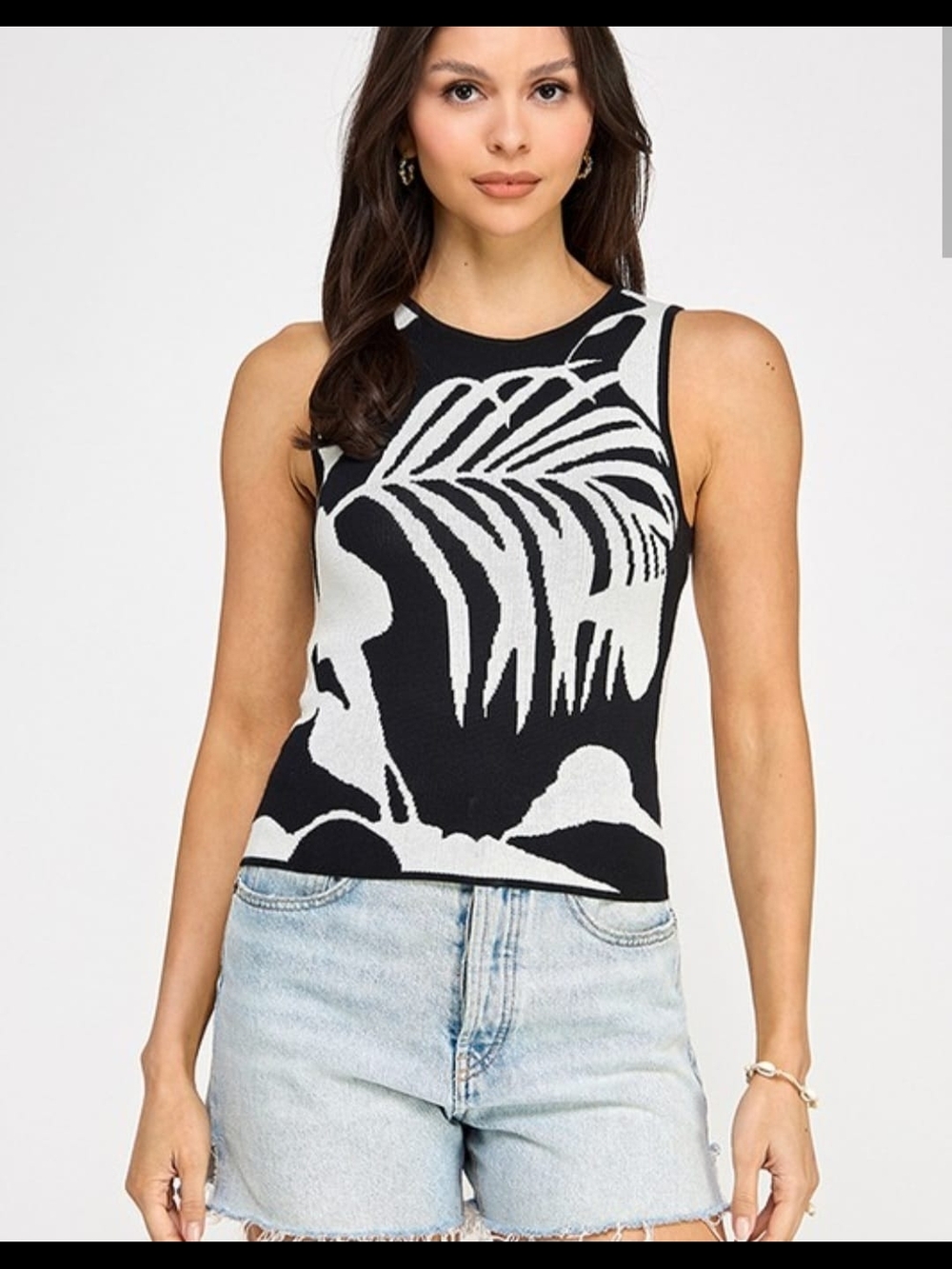 Sleeveless Black and White Palm-Print Knit Tank Top